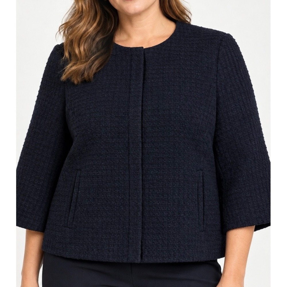 Talbots Navy Blue Tweed Jacket Womens 12 Full Zip Pockets Pleated Back Lined